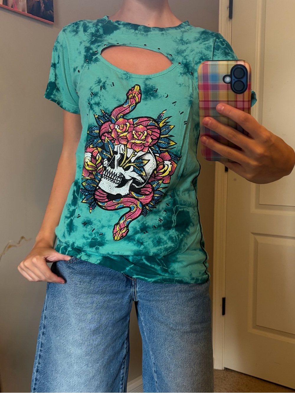 Affliction Turquoise Tie-Dye Cutout Skull & Floral Graphic Tee